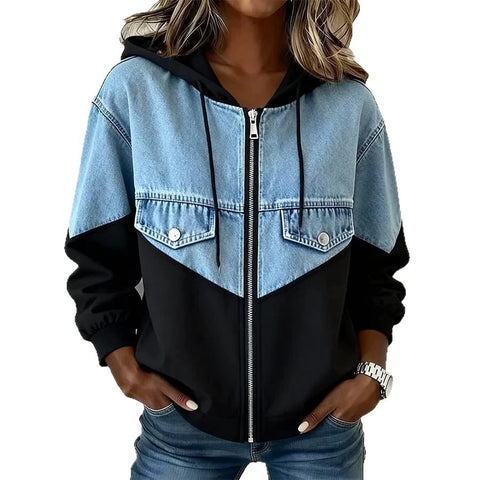 Hooded open zipper long sleeve denim washed old splicing jacket FF303372