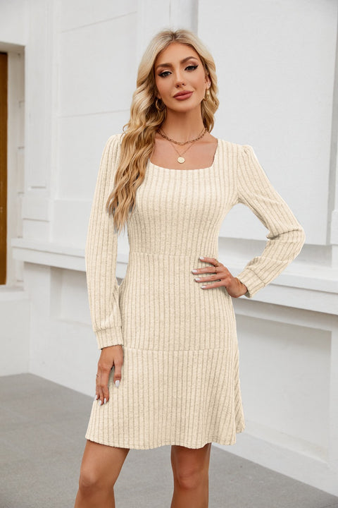 Square neck lantern sleeve doll pocket long sleeve dress m300921