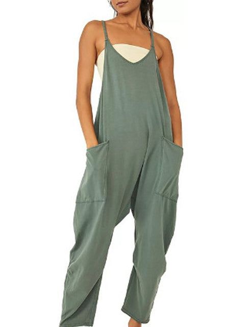 Einfarbiger Jumpsuit mit Reißverschlusstasche und Hosenträgern, dicke Hüfthose, m301068 
