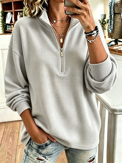 Waffle sweater lazy style half turtleneck half zipper loose long sleeve top FF303324