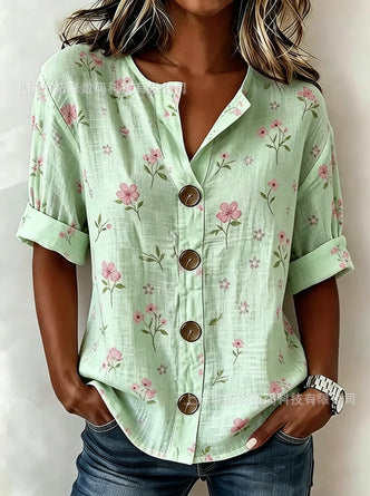 V-neck shirt long-sleeved printed button-down women's shirt m302710
