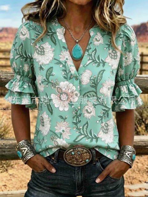 V-neck three-button top digital print horn-sleeved shirt FF303334