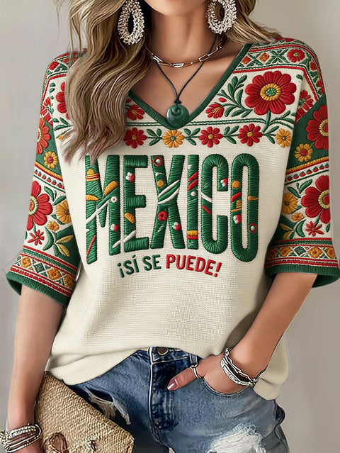 Down shoulder V-neck seven-quarter sleeve 3D printed women's top T-shirt m302844