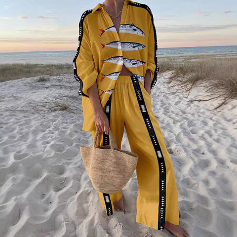 Linglong hemp fish shading casual suit loose sports wide-leg pants marine element casual shirt m303169