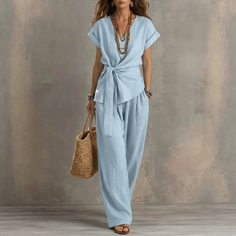 Casual V-neck pullover short-sleeved trousers washed cotton set m303163