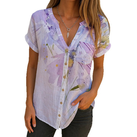 Casual short-sleeved V-neck cardigan digital printed shirt FF303108
