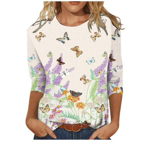 Women's Clothing round Neck 3/4 Sleeves Loose Print T-shirt M300227