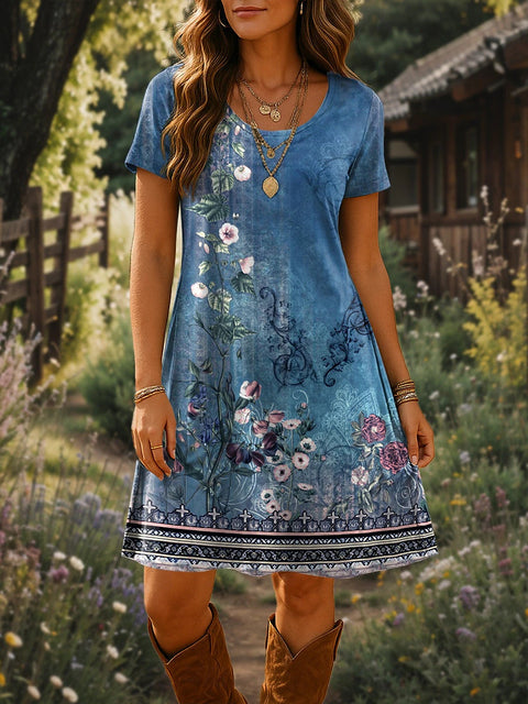 Versatile polka dot flower short-sleeved round neck medium and long skirt m302614