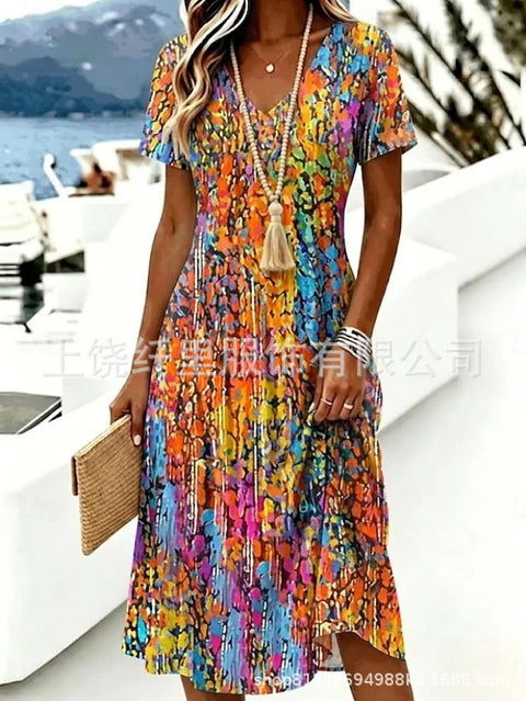 Printed women's v-neck short-sleeved temperament fashion dress m303046