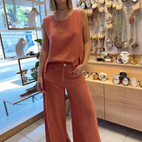 Women's cotton and linen solid color sleeveless trousers 2-piece set m302325