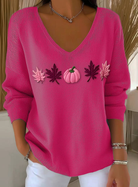 Shoulder V-neck long-sleeved autumn leaf 3D digital printing women's top FF303401
