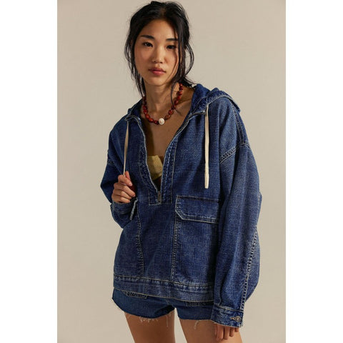 Fashion Loose Casual Wash Hooded Denim Long Sleeve Top FF303253