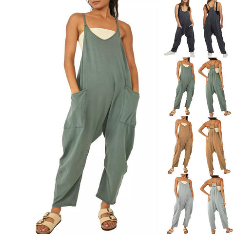 Einfarbiger Jumpsuit mit Reißverschlusstasche und Hosenträgern, dicke Hüfthose, m301068 