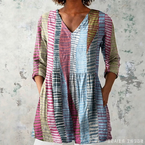 V-neck medium-sleeved T-shirt loose and casual new fashion women's top FF303377