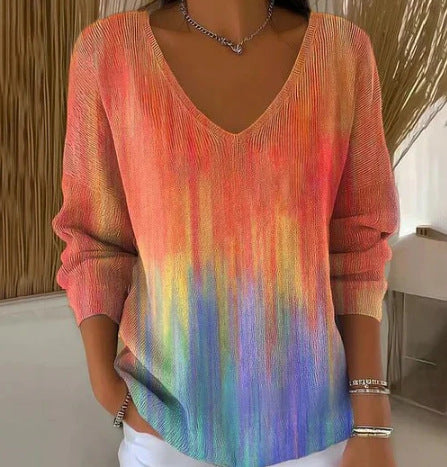 Shoulder V-neck long-sleeved autumn leaf 3D digital printing women's top FF303401