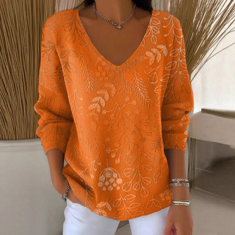 Shoulder V-neck long-sleeved autumn leaf 3D digital printing women's top FF303401