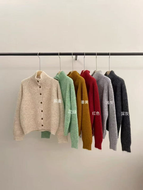 New high-necked wooden buckle long-sleeved plush cardigan jacket for women m302132