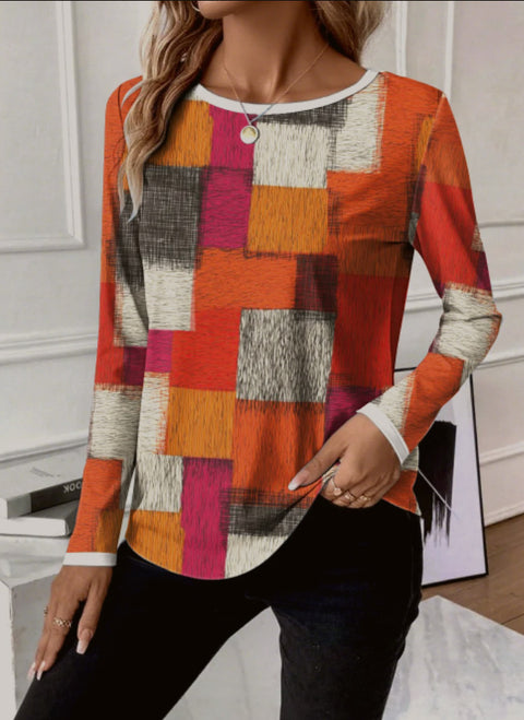 T-shirt geometric casual spring and autumn polyester micro-elastic daily regular version long sleeve m302101