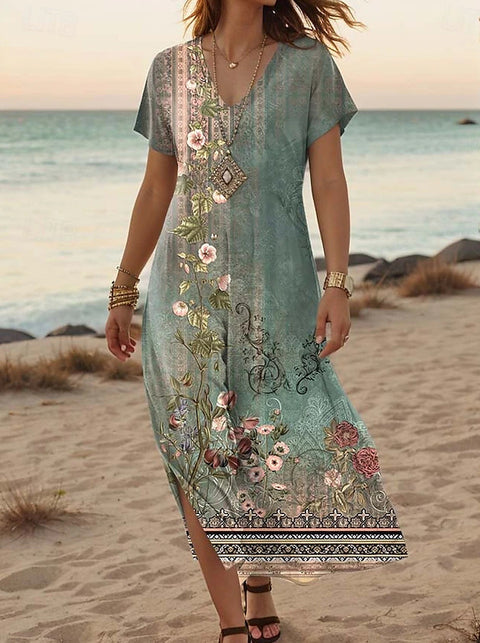 Kreative floral frauen sommer neue V-ausschnitt kurzarm kleid m301230 