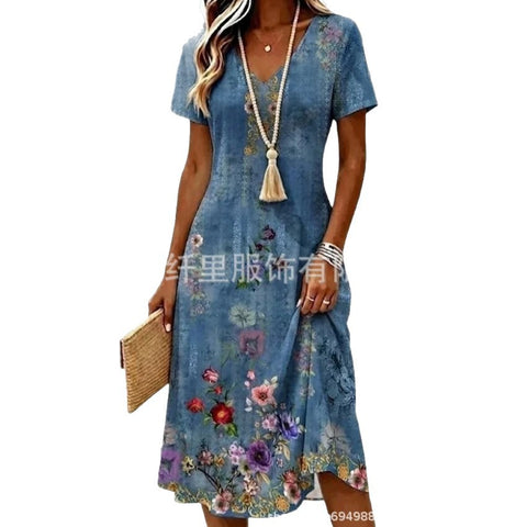 Printed women's v-neck short-sleeved temperament fashion dress m303046