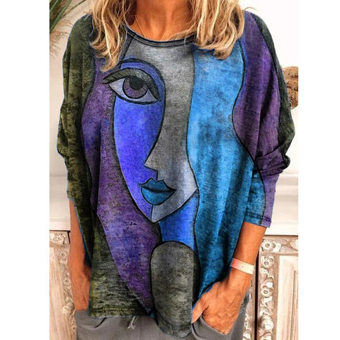 T-shirt ample à manches longues pour femme, imprimé visage, grande taille, m300665 