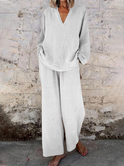 Lässiger Pullover mit V-Ausschnitt, lange Ärmel und Hosen mit Tasche, mehrfarbiger Baumwollanzug für Damen m301441 