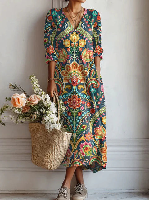 Women's loose V-neck fashion high-end long-sleeved printed collar dress m302766