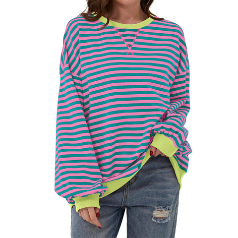 Farbig gestreifter Rundhals-Sweatshirtpullover für Damen, lockerer Schnitt, m300961 