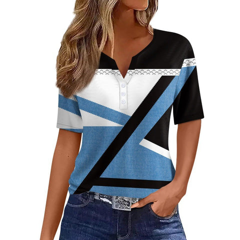 V-neck three-button 3D printed short-sleeved women's top m300617