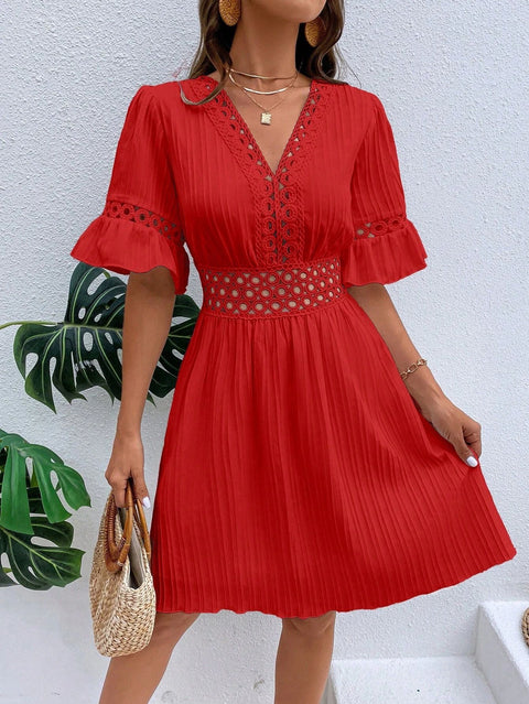 Spleißen spitze mode V-ausschnitt taille einfarbig kleid m300990 