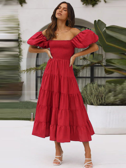 Puff Sleeve Holiday Slim Looking Long Dress off-Shoulder Printed Dress Female M300282
