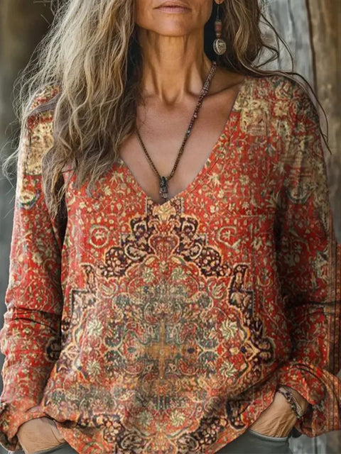 Casual V-Neck Long Sleeve Pullover Digital Printing Women's Upper T-Shirt FF303120