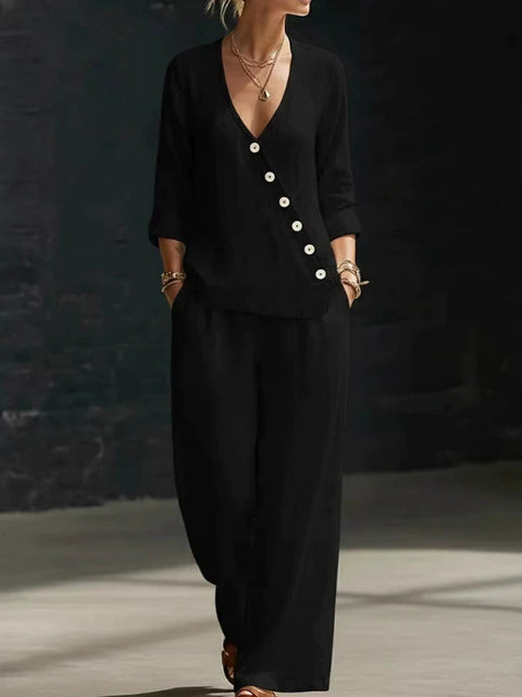 Temperament loose V-neck diagonal button-down shirt wide-leg pants two-piece set m302397