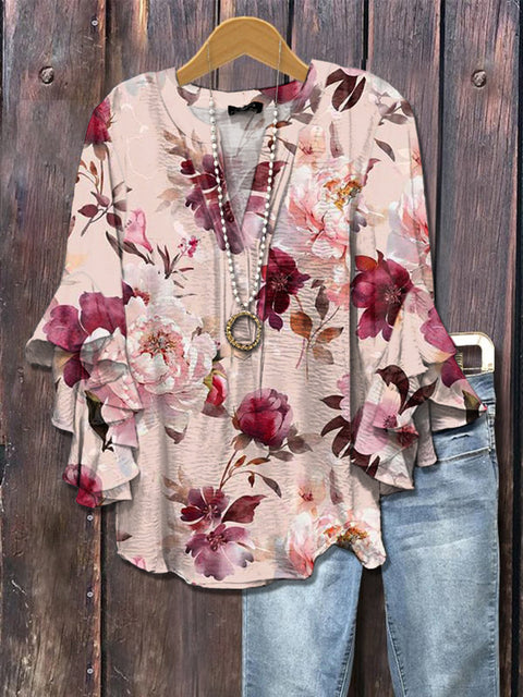 Creative floral element printing digital printing casual trend V-neck lotus edge horn T-shirt m302747