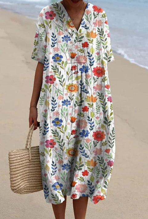 Large size women's shirt short-sleeved dress floral seaside vacation dress m302744