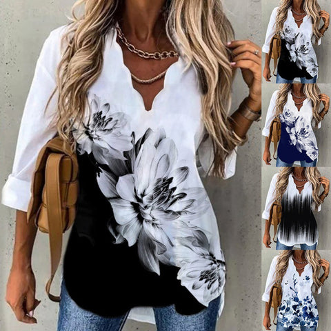 Fluted Collar Shirt Printed Long Sleeve Female M300215