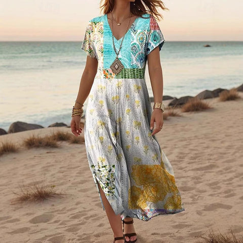 Kreative floral frauen sommer neue V-ausschnitt kurzarm kleid m301230 