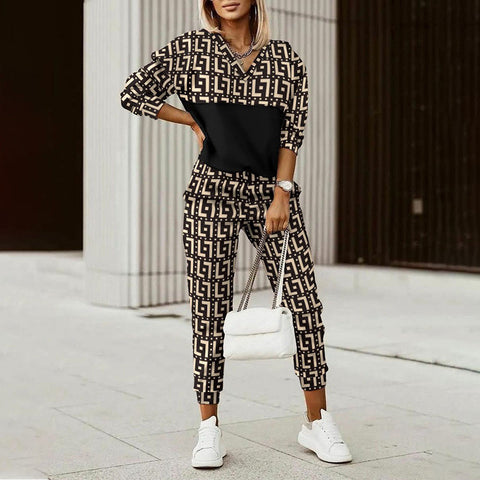 Fashion Casual Printed Long Sleeve Slim Sweater Pants Set m301183