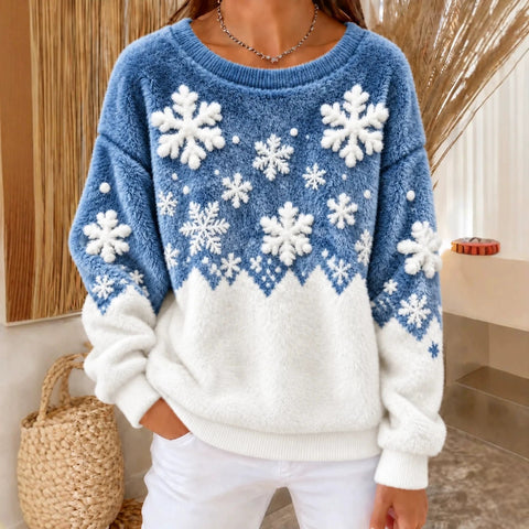 Snowflake print crew neck long-sleeved casual pullover flannel sweater FF303422