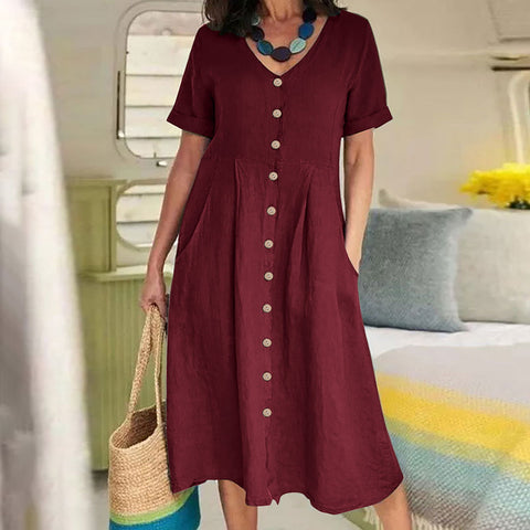 Neues einfarbiges, lockeres Kleid aus Baumwolle und Leinen mit hoher Taille m301192 