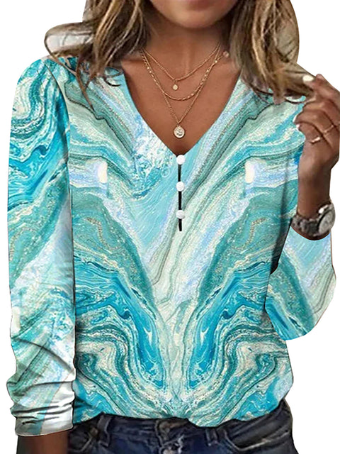 Langarm-T-Shirt-Pullover mit V-Ausschnitt, Stern-Batikmuster und Perlmuttknöpfen m300609 