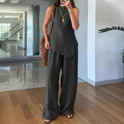 Lässiger Rundhalspullover ärmellos plus Taschenhose Baumwolle mehrfarbig m301437 