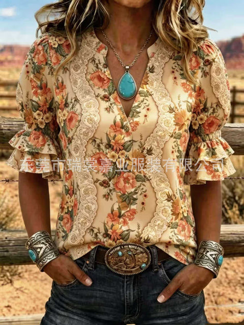 V-neck three-button top digital print horn-sleeved shirt FF303333