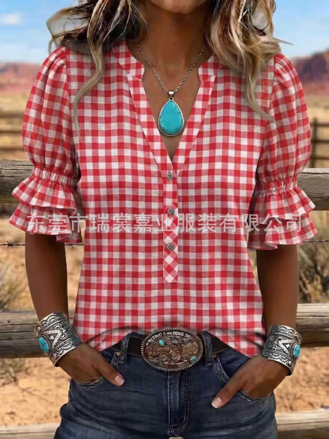 V-neck three-button top digital print horn-sleeved shirt FF303333