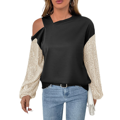 Langarm Pailletten Off-the-Shoulder Pullover Farbe passender Damen m300825 