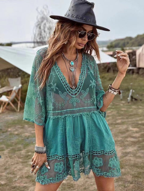 Strandbluse mit Spitzenausschnitt, Sonnenschutz, sexy Bikini-Badeanzug mit m301497 
