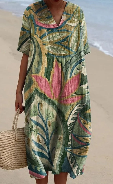 Large size women's shirt short-sleeved dress floral seaside vacation dress m302744