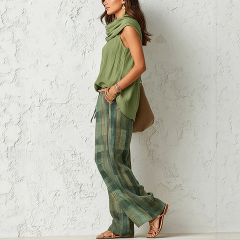 Retro casual fashion sleeveless top and plaid pants set m303064