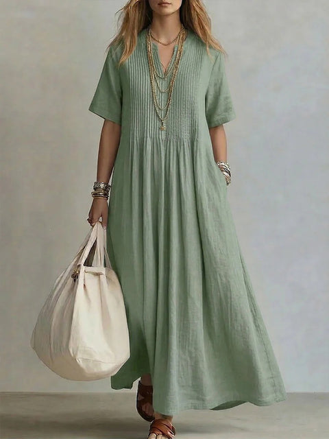 Ladies casual loose V-neck short-sleeved pleated cotton and linen dress m303244