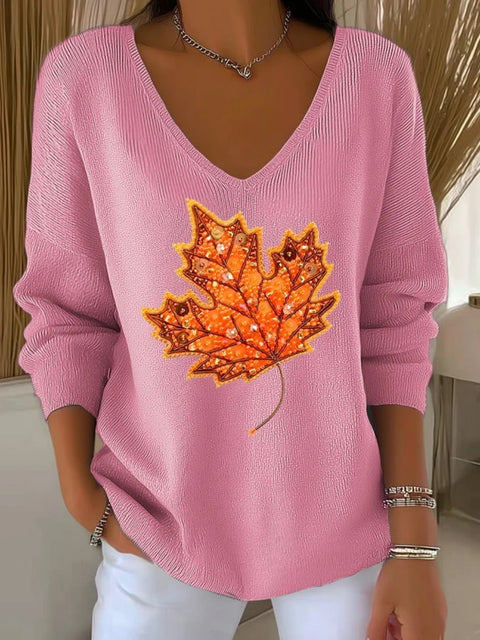 Shoulder V-neck long-sleeved autumn leaf 3D digital printing women's top FF303401